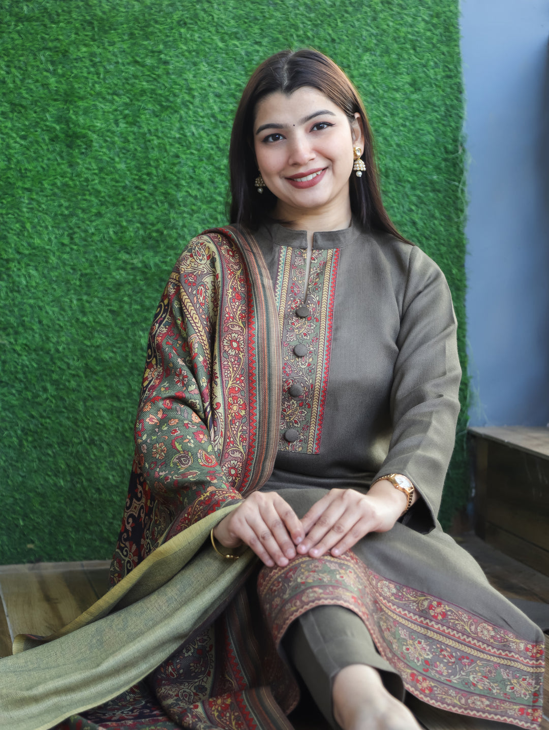 Aarushi Hazel Tan Ban Collar Button Work Digital Print Winter Semi Pashmina 3 Piece Set