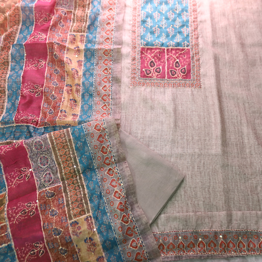 Bhumi Hazel Grey Ajrakh Printed Yoke with Kantha Work Chanderi Set