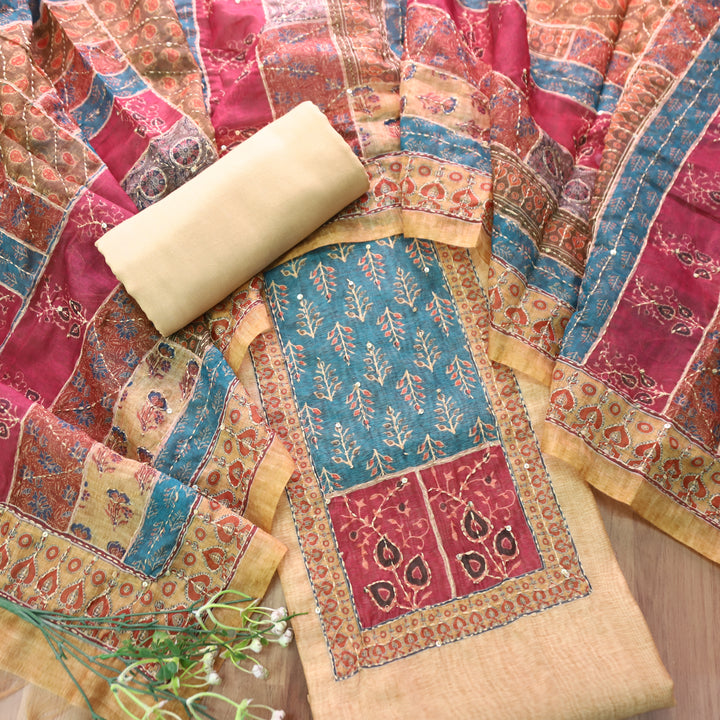 Bhumi Butter Beige Ajrakh Printed Yoke with Kantha Work Chanderi Set