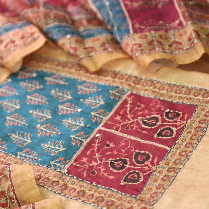 Bhumi Butter Beige Ajrakh Printed Yoke with Kantha Work Chanderi Set