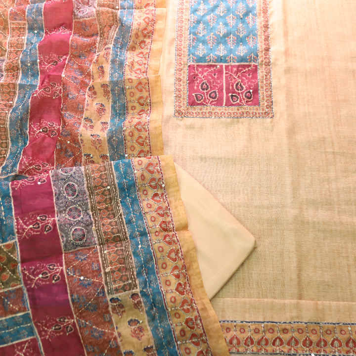 Bhumi Butter Beige Ajrakh Printed Yoke with Kantha Work Chanderi Set
