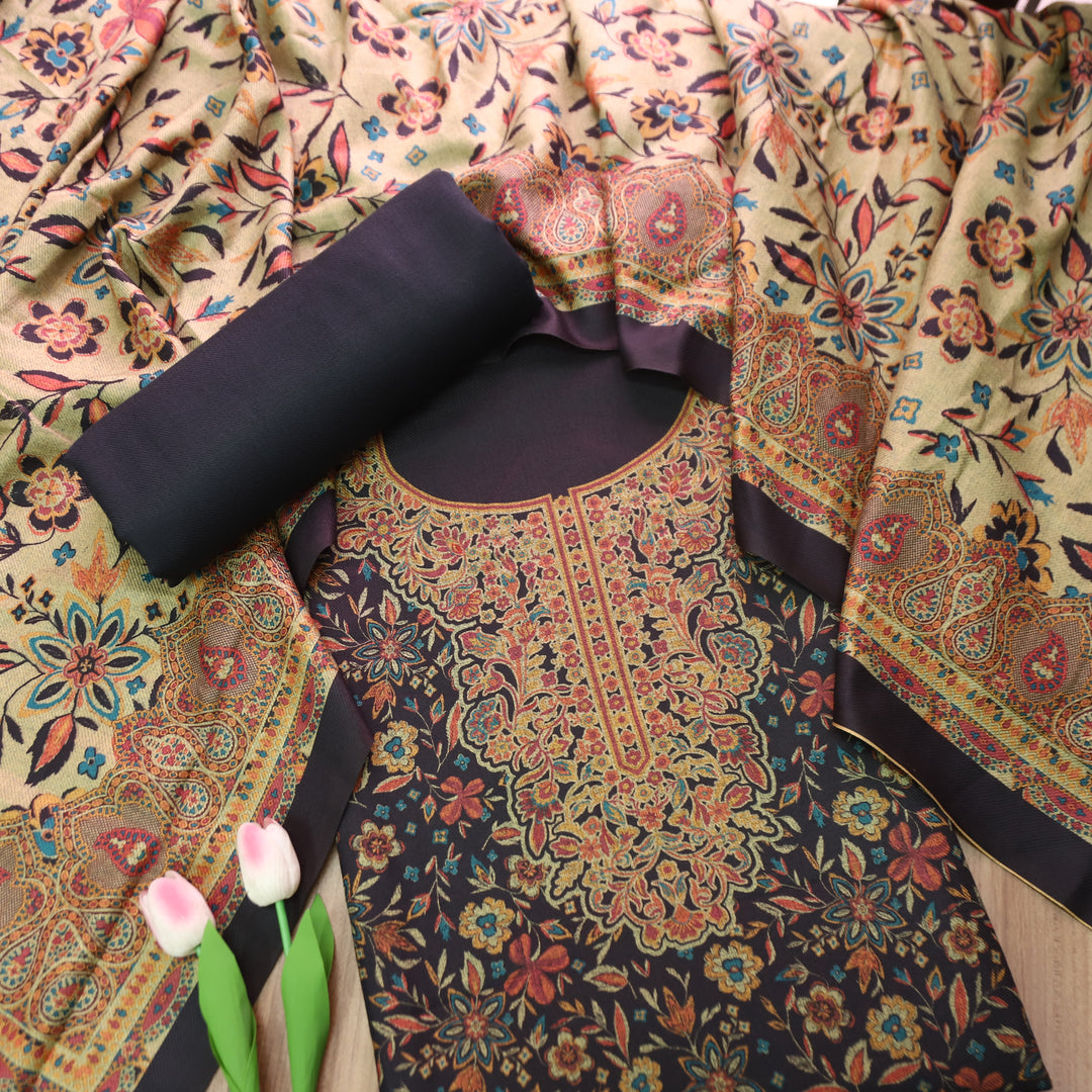 Ferika Faded Black Digital Kashmiri Printed Semi Pashmina Winter Set