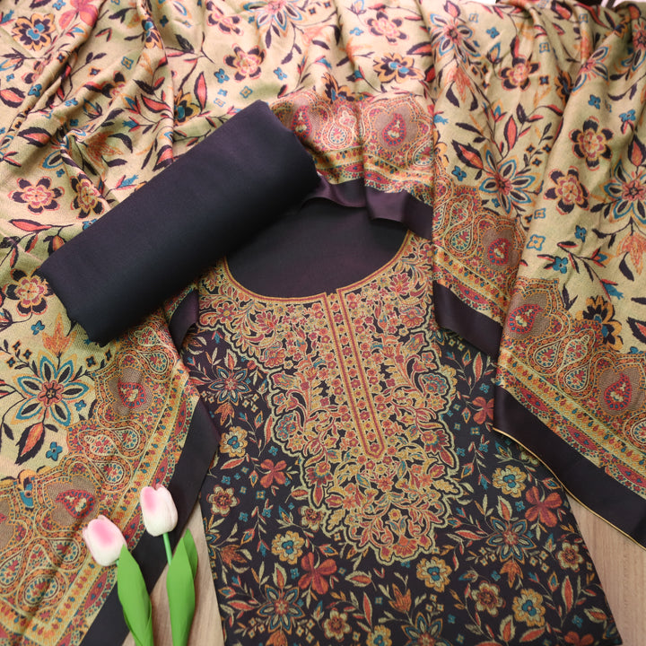 Ferika Faded Black Digital Kashmiri Printed Semi Pashmina Winter Set