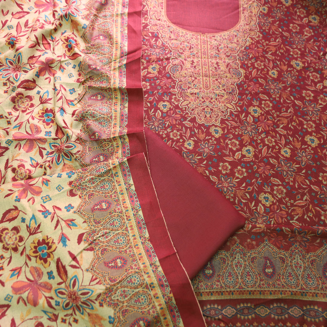 Ferika Berry Red Digital Kashmiri Printed Semi Pashmina Winter Set