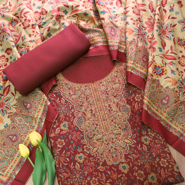 Ferika Berry Red Digital Kashmiri Printed Semi Pashmina Winter Set