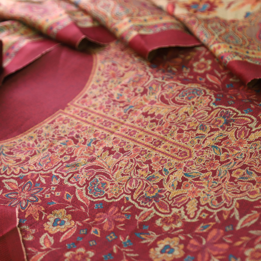 Ferika Berry Red Digital Kashmiri Printed Semi Pashmina Winter Set