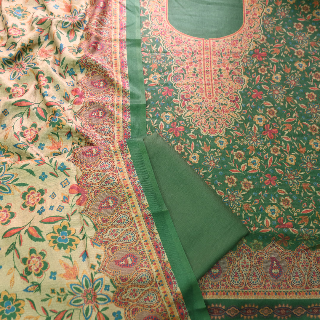 Ferika Leaf Green Digital Kashmiri Printed Semi Pashmina Winter Set