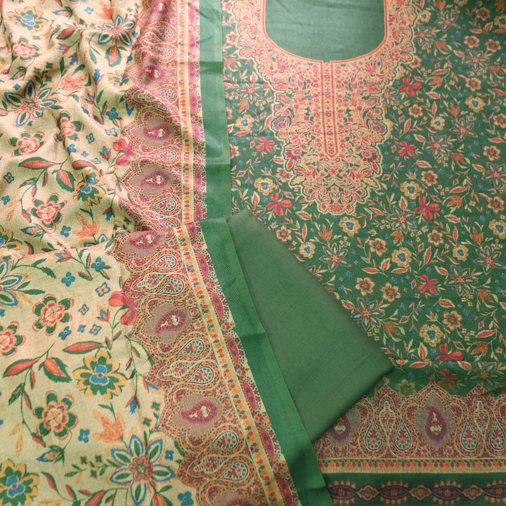 Ferika Leaf Green Digital Kashmiri Printed Semi Pashmina Winter Set