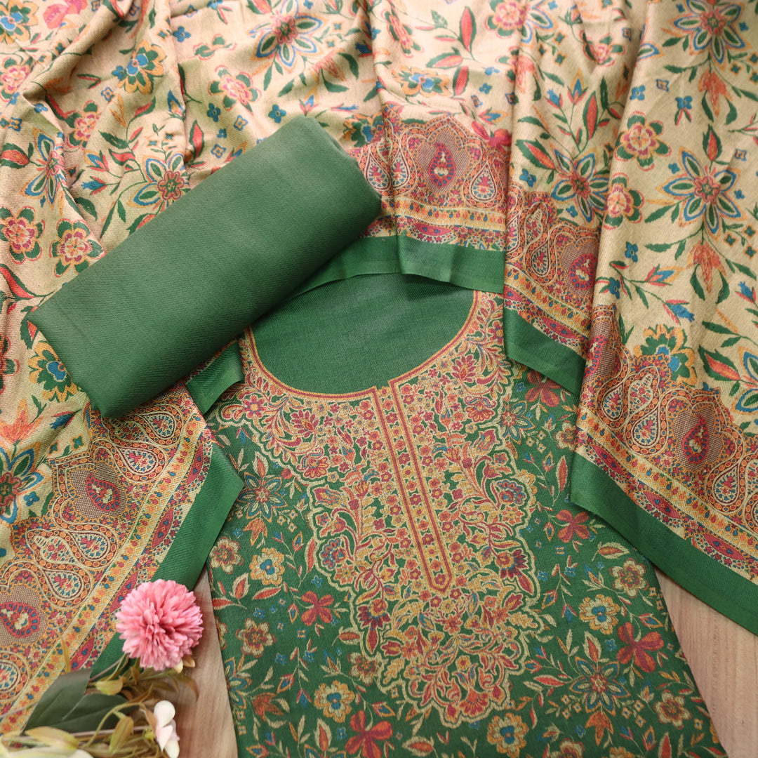Ferika Leaf Green Digital Kashmiri Printed Semi Pashmina Winter Set