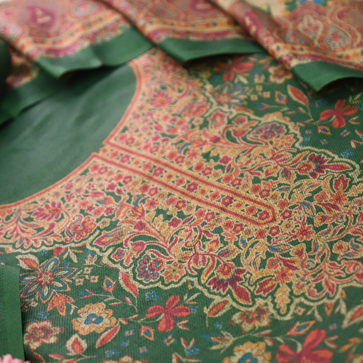 Ferika Leaf Green Digital Kashmiri Printed Semi Pashmina Winter Set