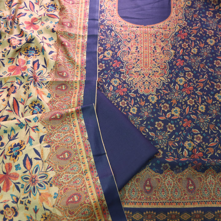 Ferika Indie Blue Digital Kashmiri Printed Semi Pashmina Winter Set