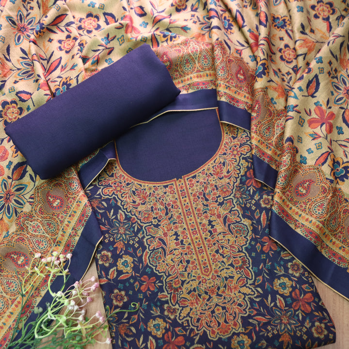 Ferika Indie Blue Digital Kashmiri Printed Semi Pashmina Winter Set