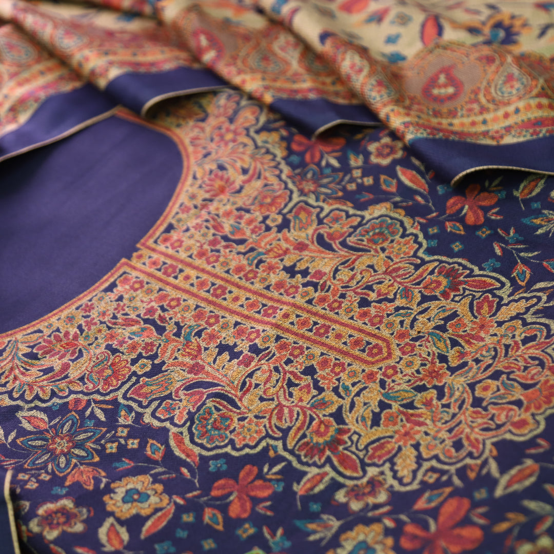 Ferika Indie Blue Digital Kashmiri Printed Semi Pashmina Winter Set