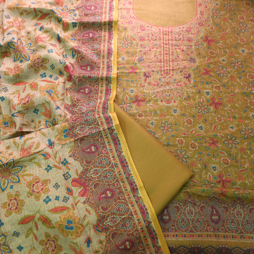 Ferika Olive Yellow Digital Kashmiri Printed Semi Pashmina Winter Set