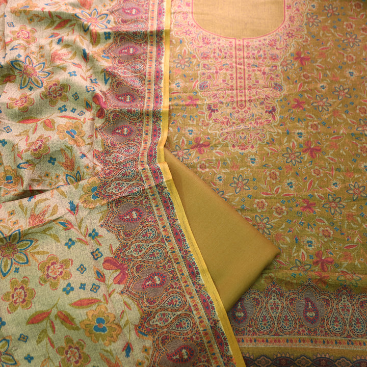 Ferika Olive Yellow Digital Kashmiri Printed Semi Pashmina Winter Set