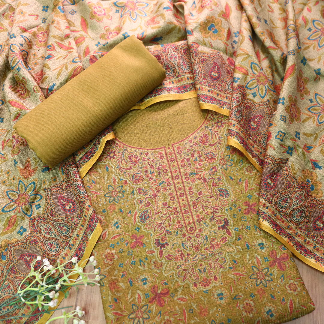 Ferika Olive Yellow Digital Kashmiri Printed Semi Pashmina Winter Set