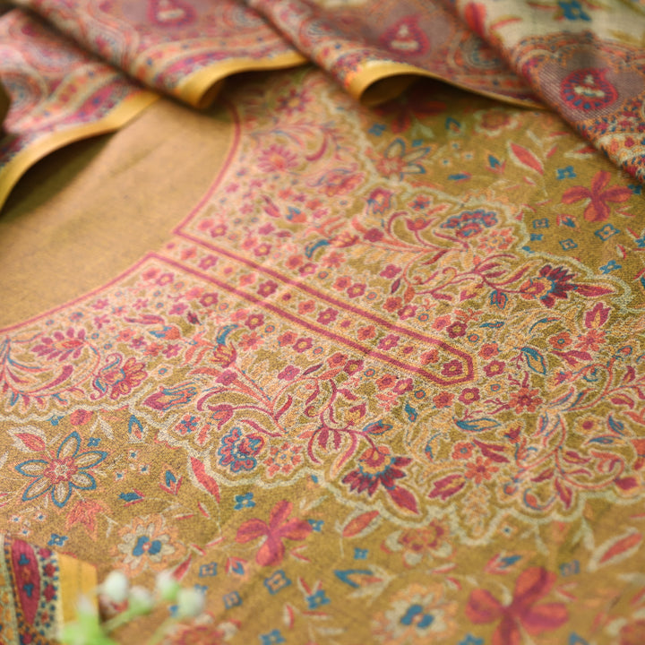 Ferika Olive Yellow Digital Kashmiri Printed Semi Pashmina Winter Set