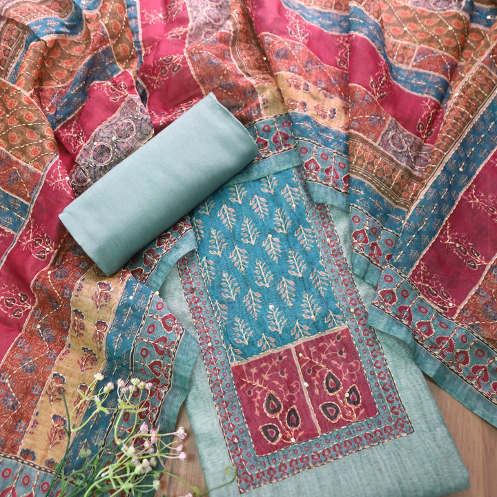 Bhumi Sky Aqua Ajrakh Printed Yoke with Kantha Work Chanderi Set