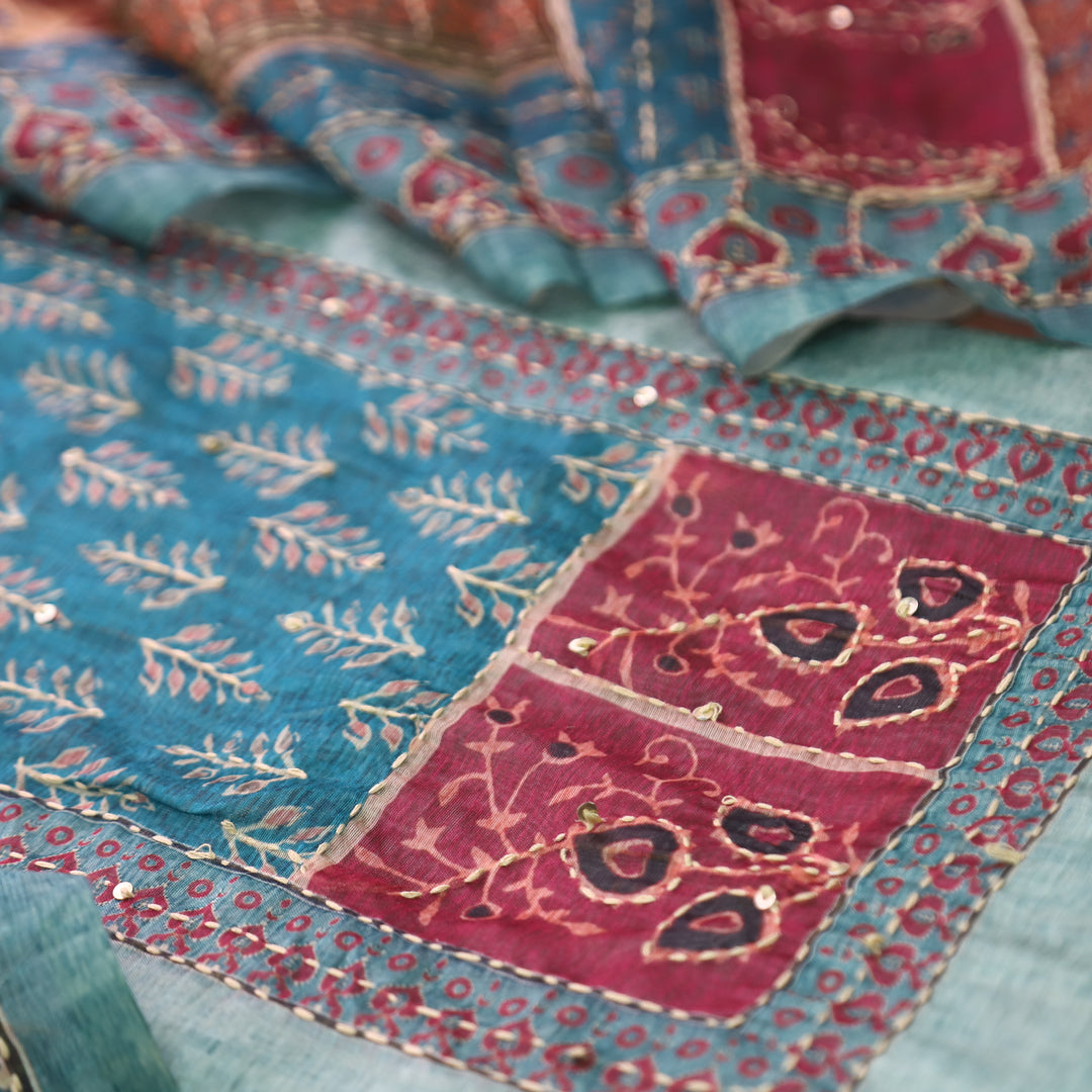 Bhumi Sky Aqua Ajrakh Printed Yoke with Kantha Work Chanderi Set