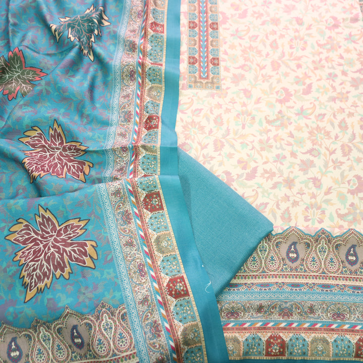 अन्नपूर्णा Shell White with Sky Blue All Over Floral Print Semi Pashmina Winter Suit Set