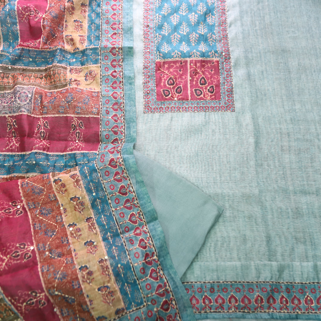 Bhumi Sky Aqua Ajrakh Printed Yoke with Kantha Work Chanderi Set