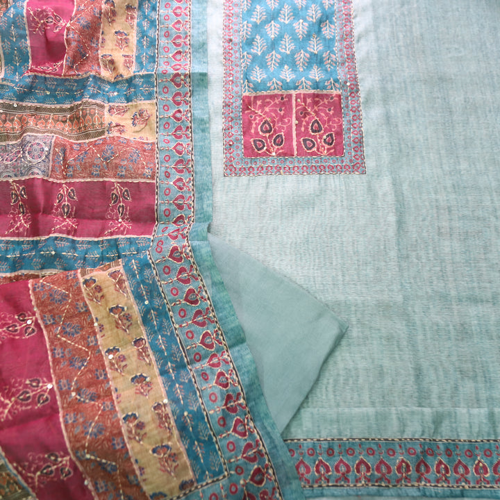 Bhumi Sky Aqua Ajrakh Printed Yoke with Kantha Work Chanderi Set