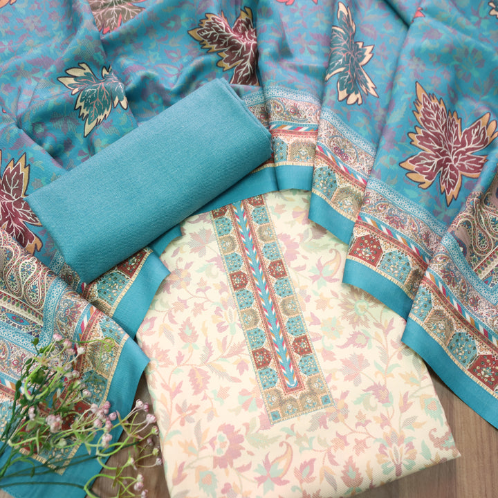 अन्नपूर्णा Shell White with Sky Blue All Over Floral Print Semi Pashmina Winter Suit Set