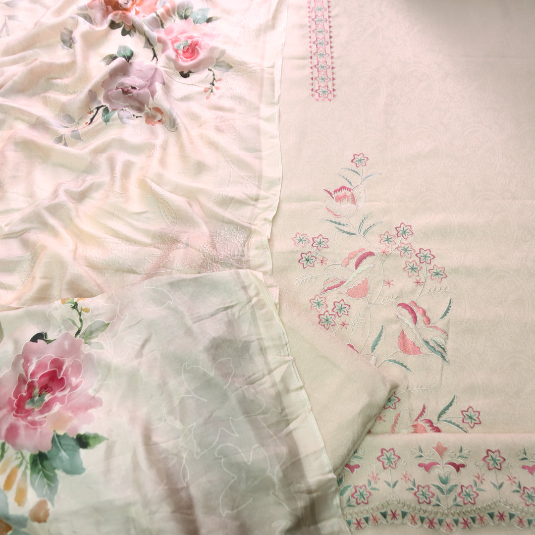 Shivahi Cream White Thread Embroidery Semi Pashmina Winter Set