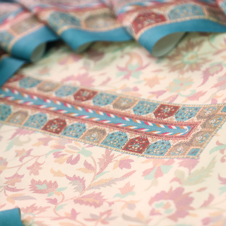 अन्नपूर्णा Shell White with Sky Blue All Over Floral Print Semi Pashmina Winter Suit Set