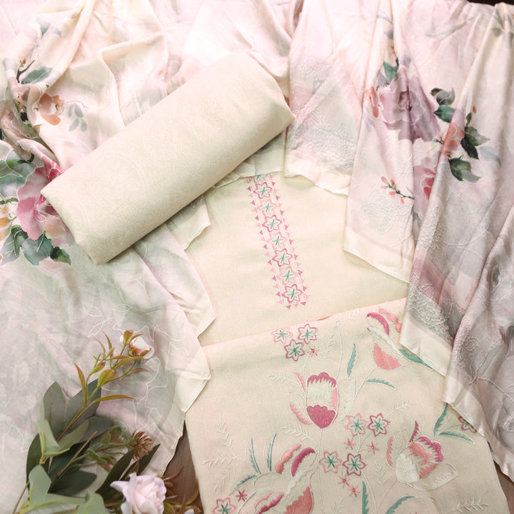 Shivahi Cream White Thread Embroidery Semi Pashmina Winter Set
