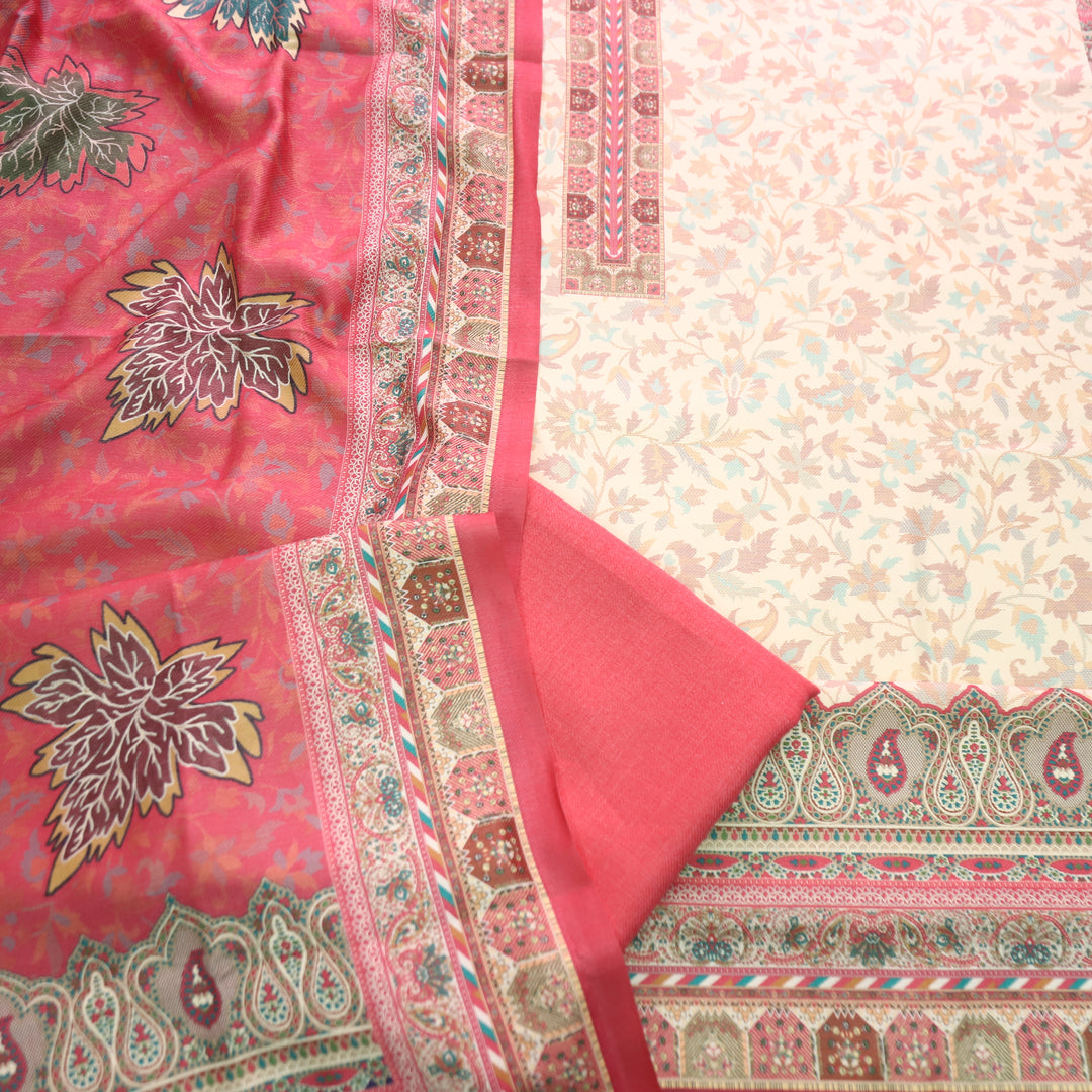 अन्नपूर्णा Shell White with Mauve PInk All Over Floral Print Semi Pashmina Winter Suit Set