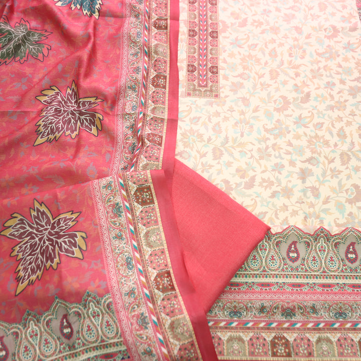 अन्नपूर्णा Shell White with Mauve PInk All Over Floral Print Semi Pashmina Winter Suit Set