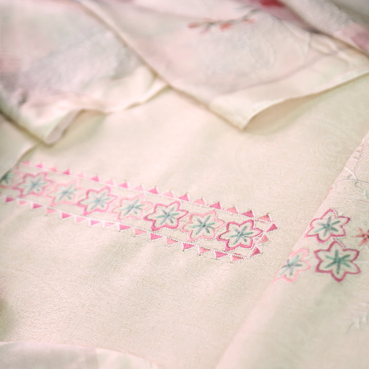 Shivahi Cream White Thread Embroidery Semi Pashmina Winter Set