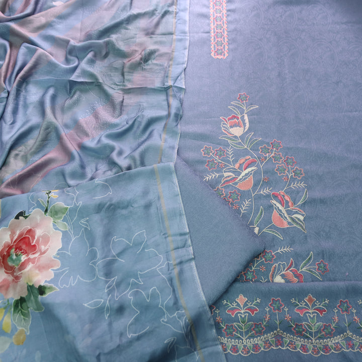 Shivahi Turkish Blue Thread Embroidery Semi Pashmina Winter Set