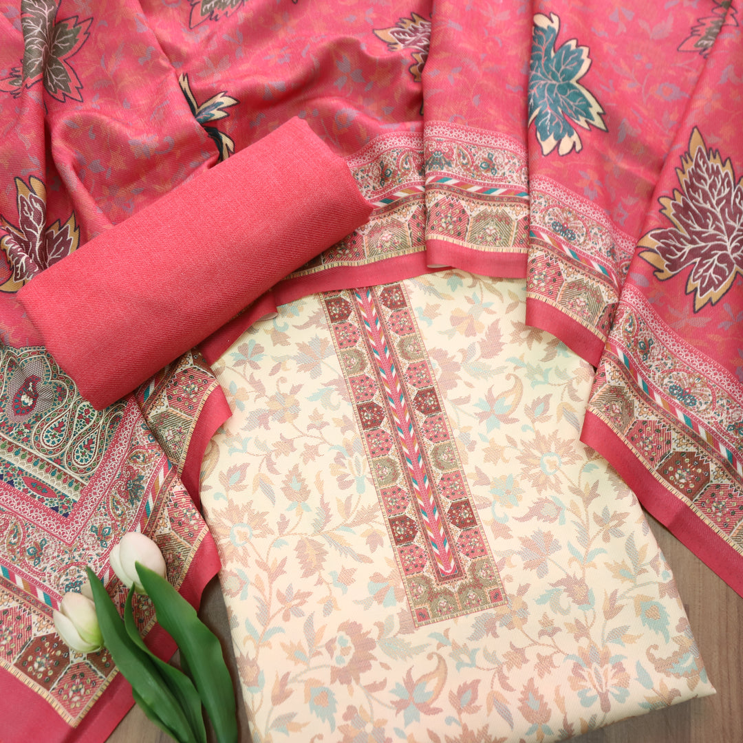 अन्नपूर्णा Shell White with Mauve PInk All Over Floral Print Semi Pashmina Winter Suit Set