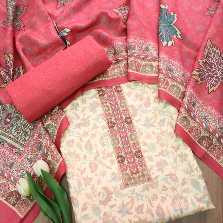 अन्नपूर्णा Shell White with Mauve PInk All Over Floral Print Semi Pashmina Winter Suit Set