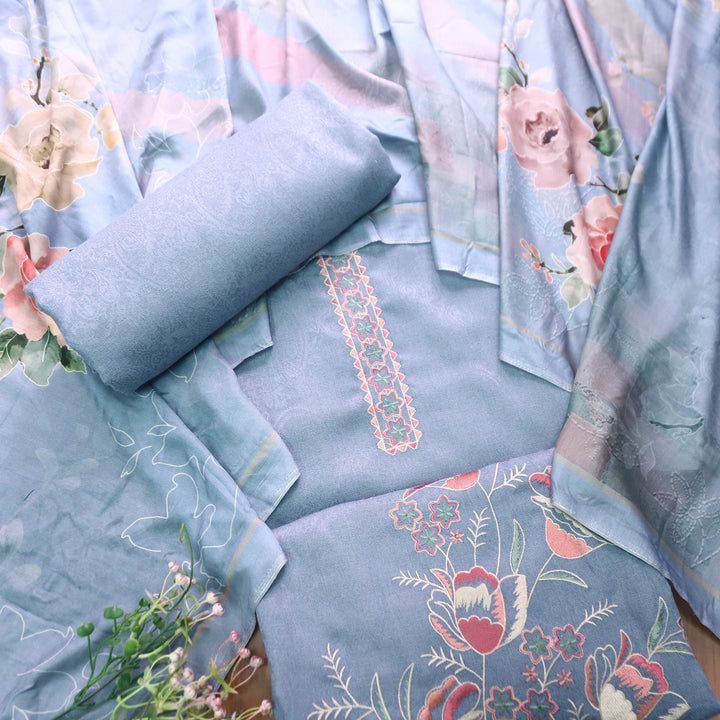 Shivahi Turkish Blue Thread Embroidery Semi Pashmina Winter Set