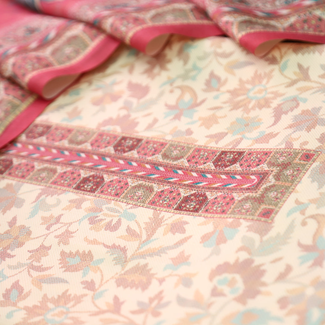 अन्नपूर्णा Shell White with Mauve PInk All Over Floral Print Semi Pashmina Winter Suit Set