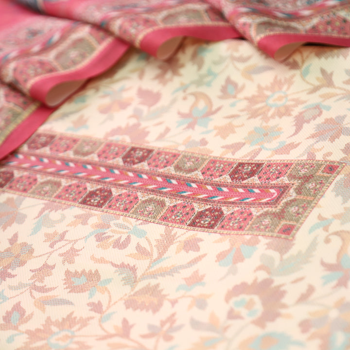 अन्नपूर्णा Shell White with Mauve PInk All Over Floral Print Semi Pashmina Winter Suit Set