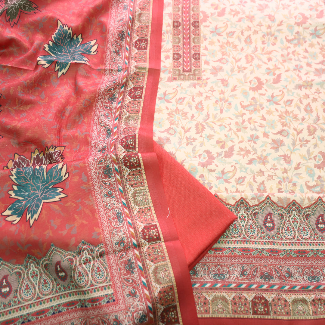 अन्नपूर्णा Shell White with Coral All Over Floral Print Semi Pashmina Winter Suit Set