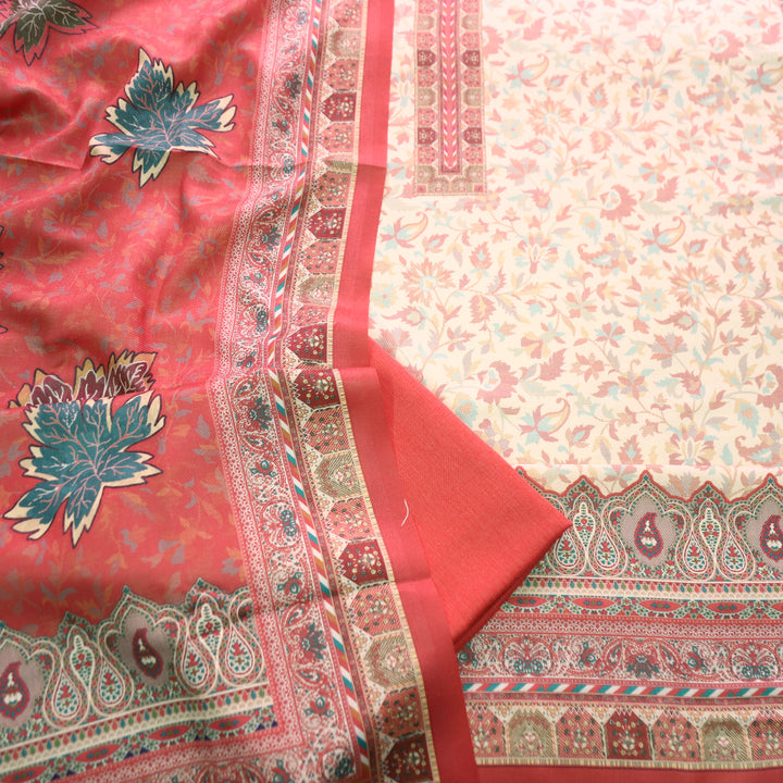 अन्नपूर्णा Shell White with Coral All Over Floral Print Semi Pashmina Winter Suit Set