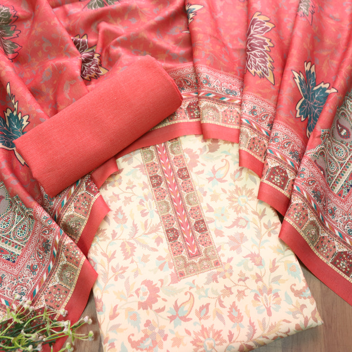 अन्नपूर्णा Shell White with Coral All Over Floral Print Semi Pashmina Winter Suit Set