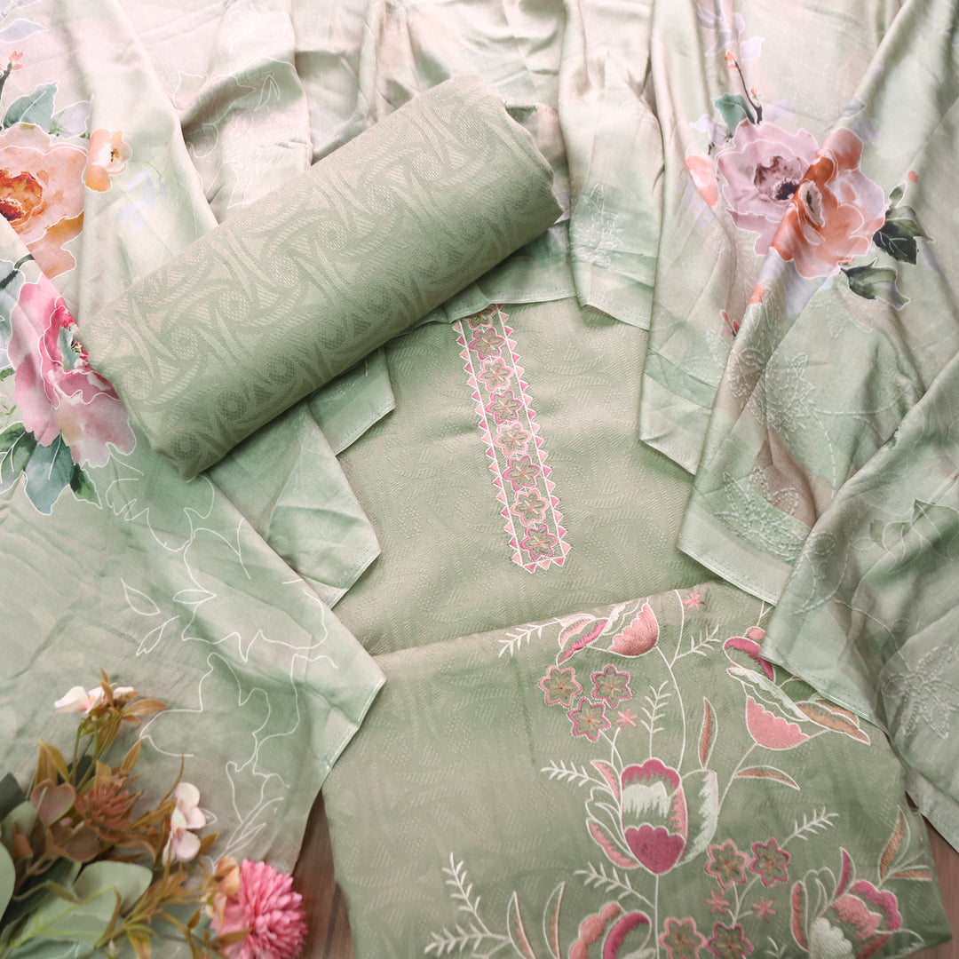 Shivahi Castleton Green Thread Embroidery Semi Pashmina Winter Set
