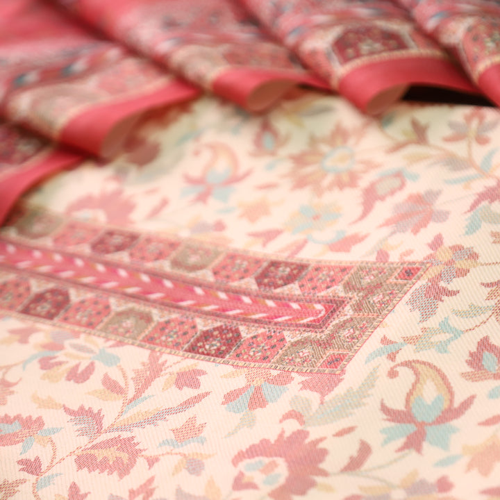 अन्नपूर्णा Shell White with Coral All Over Floral Print Semi Pashmina Winter Suit Set