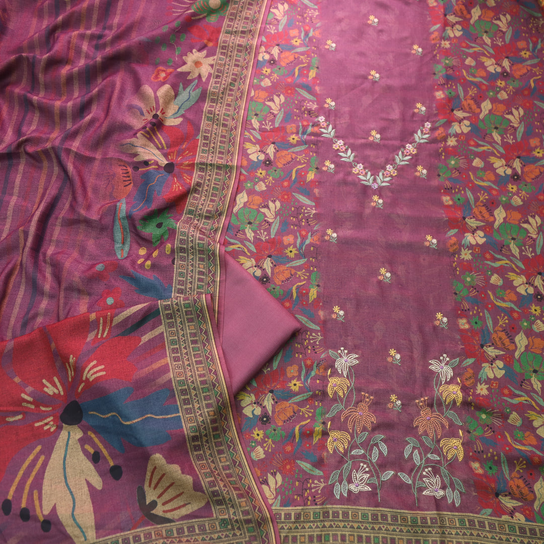 कुंज Plum Purple Thread Embroidery Printed Semi Pashmina Winter Suit Set