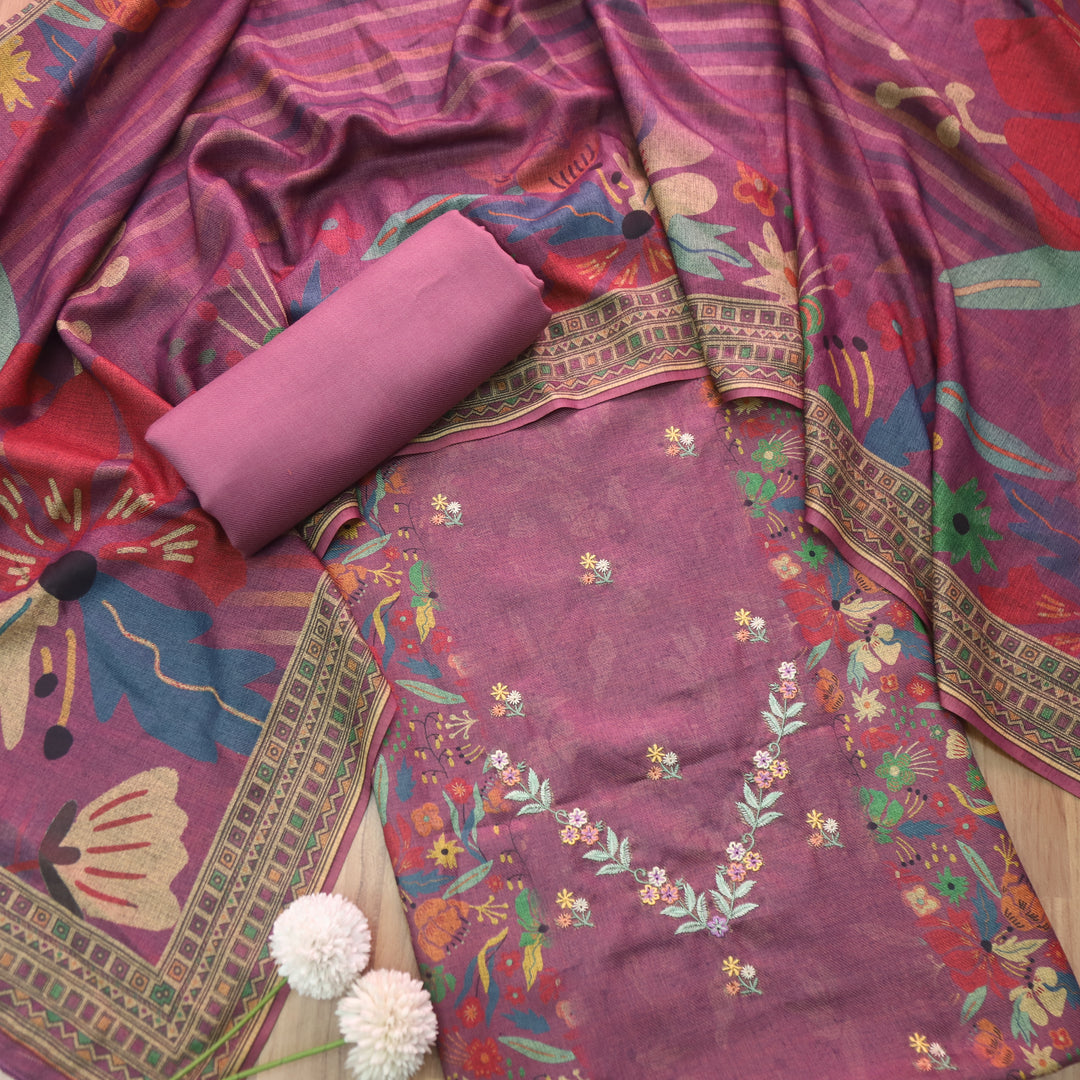 कुंज Plum Purple Thread Embroidery Printed Semi Pashmina Winter Suit Set