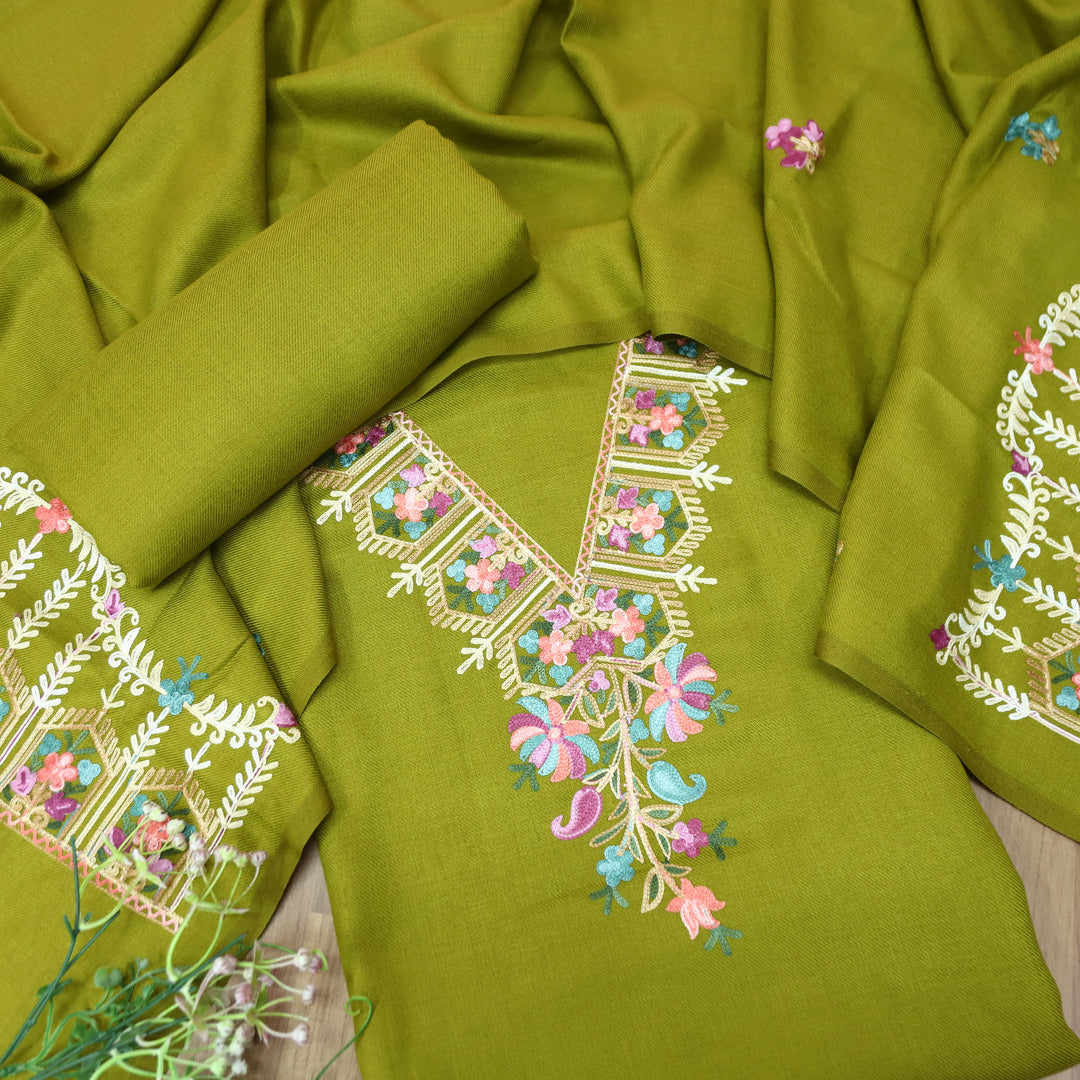 Aastha Parrot Green Elegant Kashida Embroidery Semi Pashmina Winter Set
