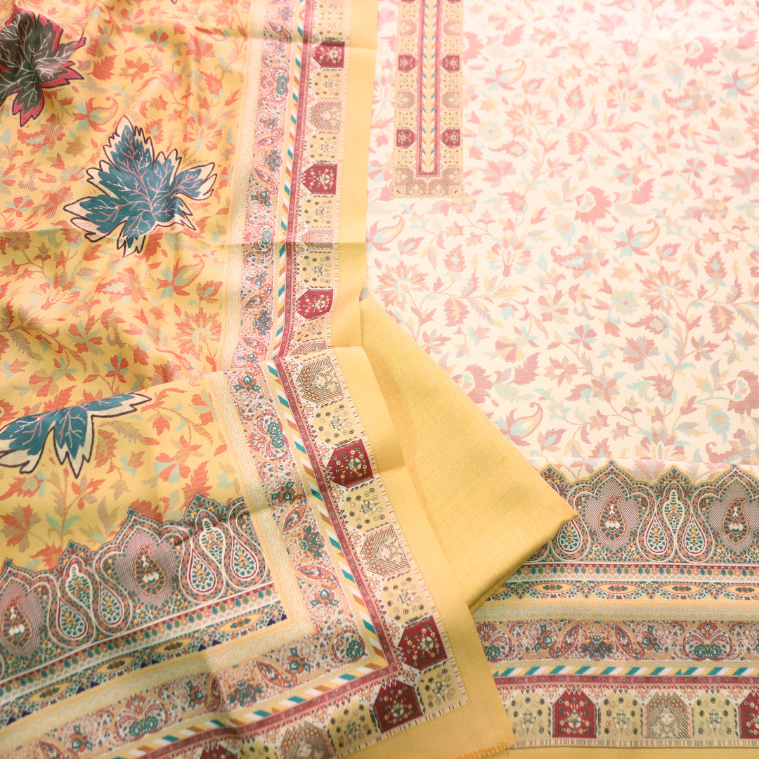 अन्नपूर्णा Shell White with Butter Yellow All Over Floral Print Semi Pashmina Winter Suit Set