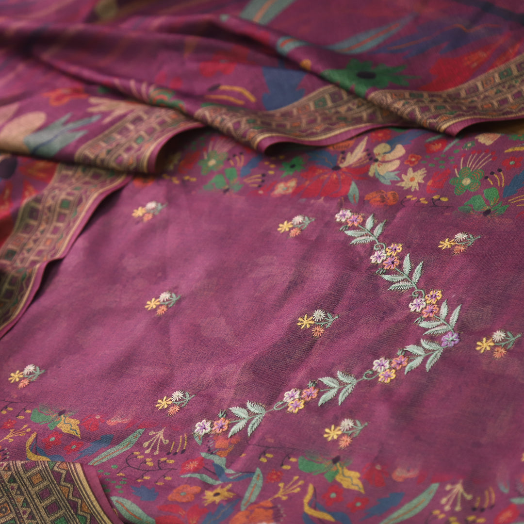 कुंज Plum Purple Thread Embroidery Printed Semi Pashmina Winter Suit Set