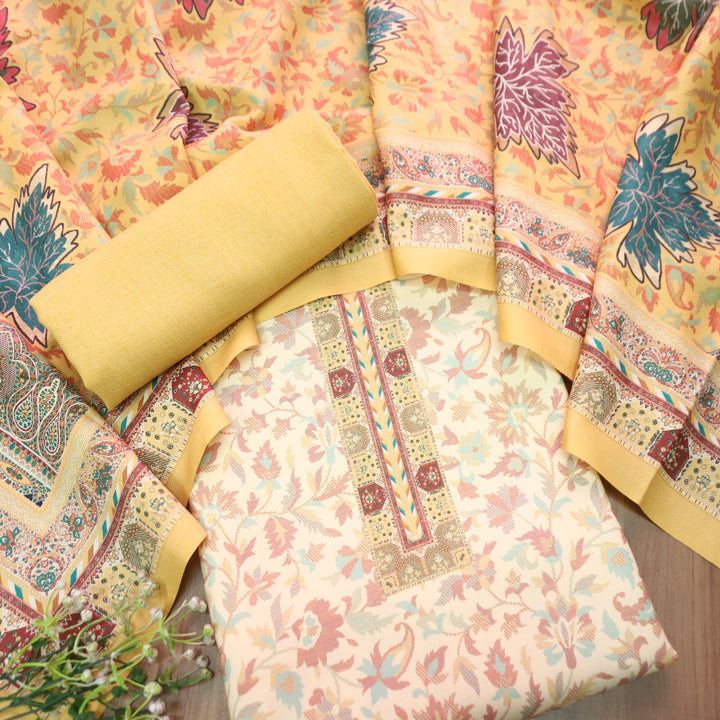 अन्नपूर्णा Shell White with Butter Yellow All Over Floral Print Semi Pashmina Winter Suit Set